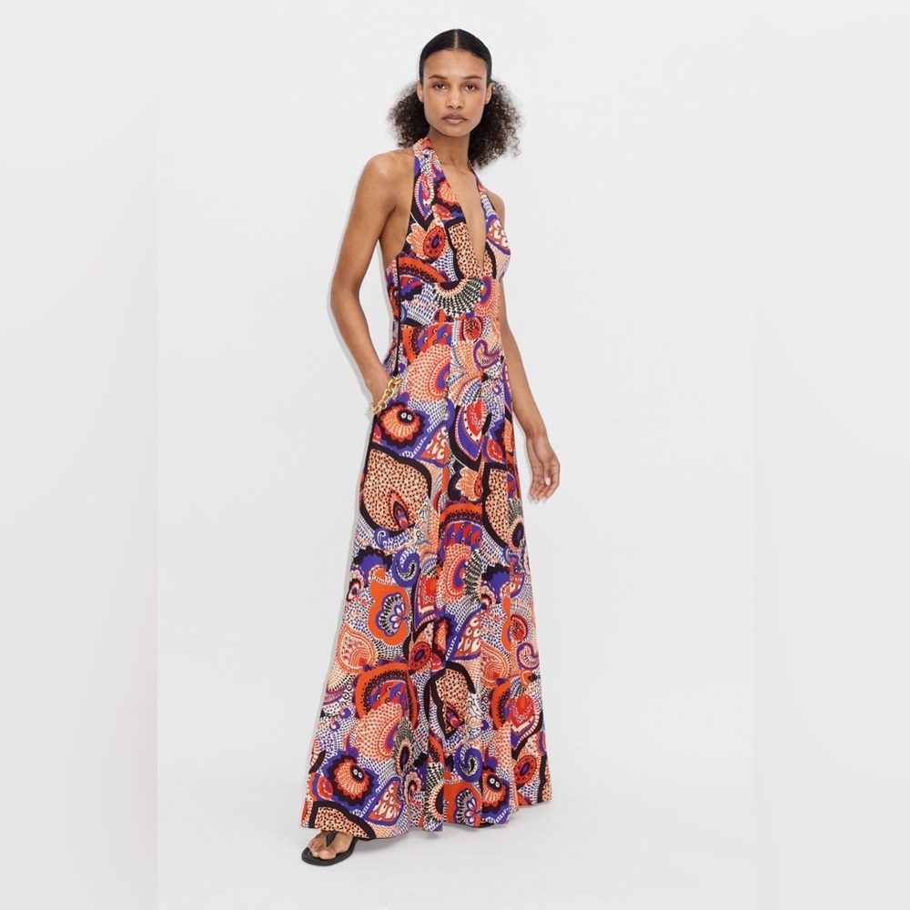 ME+EM Multicolor Halter Maxi Dress in Orange, Purple & Blue